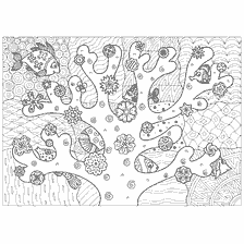 coloring page: Sea-themed anti-stress coloring book depicting fish and corals