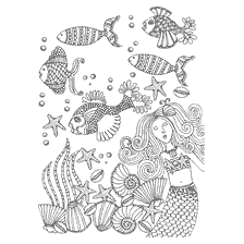 coloring page: Coloring for adults anti-stress with a picture of mermaids and fish in the sea