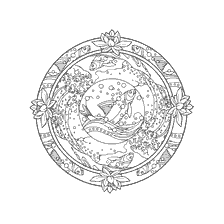 coloring page: Coloring for adults: sea mandala with fish and lotus flowers