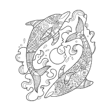 coloring page: Coloring for adults anti-stress with dolphins and waves