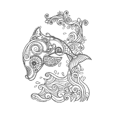 coloring page: Coloring for adults anti-stress with dolphins and waves.