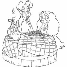 coloriage: Dame et Tramp au d&icirc;ner romantique de p&acirc;tes