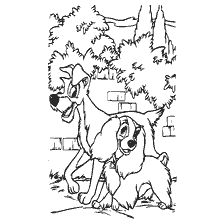 coloriage: Coloriage avec Lady et Tramp dans le Parc