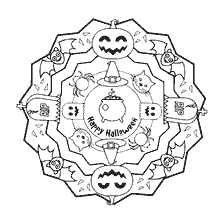 kolorowanka: Mandala z elementami Halloween, w tym dynie, pająki i napis "Happy Halloween"