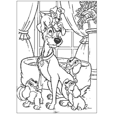 coloriage: Lady et Tramp avec les chiots et lady