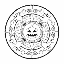kolorowanka: Kolorowanie mandala z tematem Halloween, w tym dynia, duchy i pająki