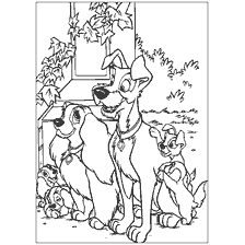 coloriage: Lady and Tramp avec chien et chiots