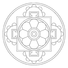 kolorowanka: Mandala tybetańska z wzorami kwiatowymi i geometrycznymi