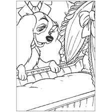 coloriage: Dessin de Lady et Tramp, le chien de Lady regarde dans le berceau