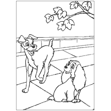 coloriage: Lady and Tramp: Des chiots dr&ocirc;les dans le parc