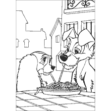 coloriage: La dame et le pi&egrave;ge qui mangent des spaghettis