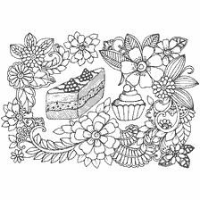 kleurplaat: Kleurplaat voor volwassenen met bloemen en dessert