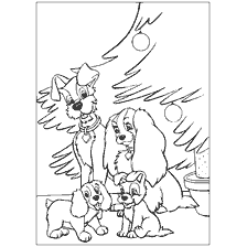 coloriage: Lady Coloring et Tramp avec les chiots et les chiens