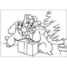 coloriage: Image de Lady and Tramp ouvrant un cadeau sous un arbre