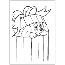 coloriage: Dessin de Lady and Tramp : un chiot dans un panier avec un arc