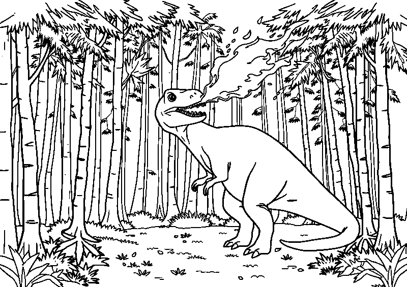 Dino shooting fireball in forest coloring page