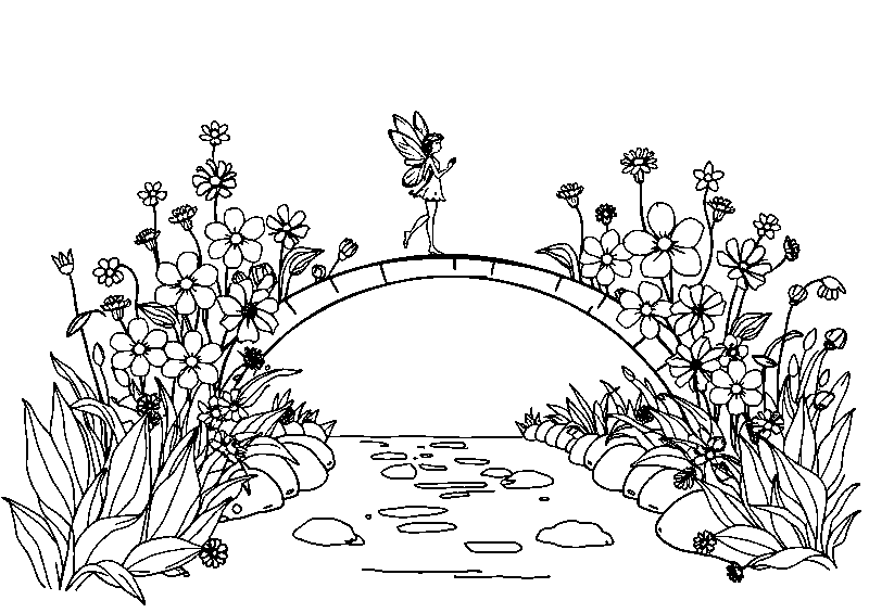 Fairy on flower bridge coloring page
