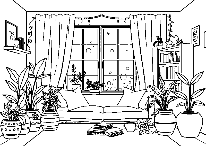 Cozy scandinavian room interior coloring page