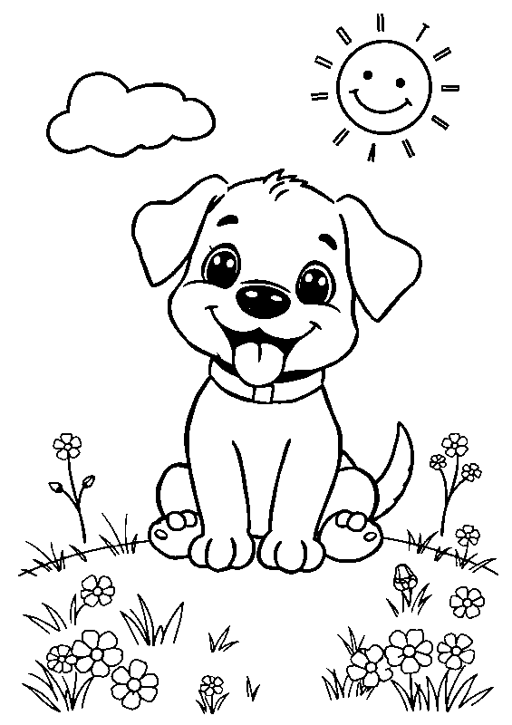 Happy puppy with wagging tail coloring page
