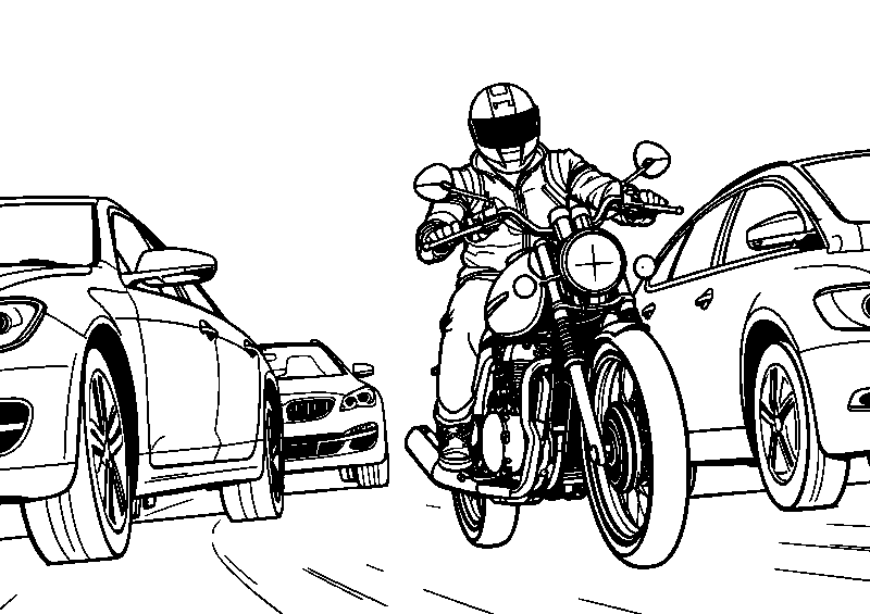 Motorradfahrer zwischen autos Malvorlage