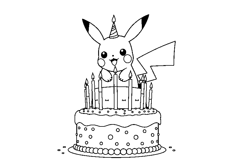 Vrolijke Pikachu op Verjaardagstaart kleurplaat