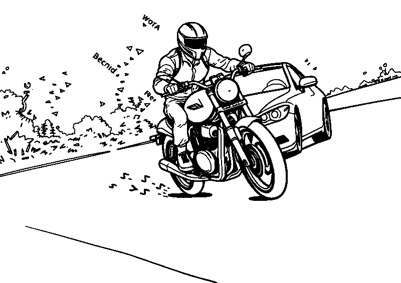 Motociclista sorpassa un'auto disegno da colorare