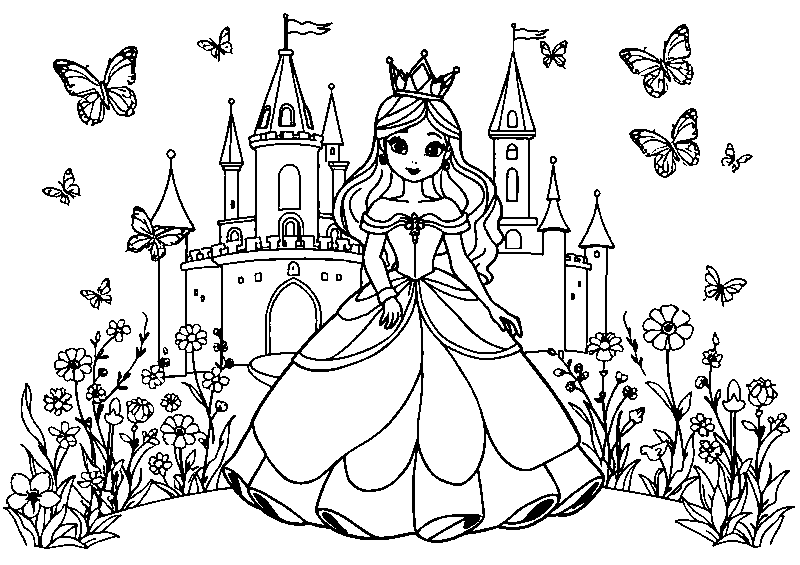 Princesa no jardim encantado página para colorir
