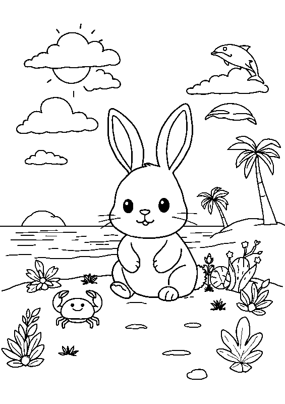 Cute bunny at the beach coloring page