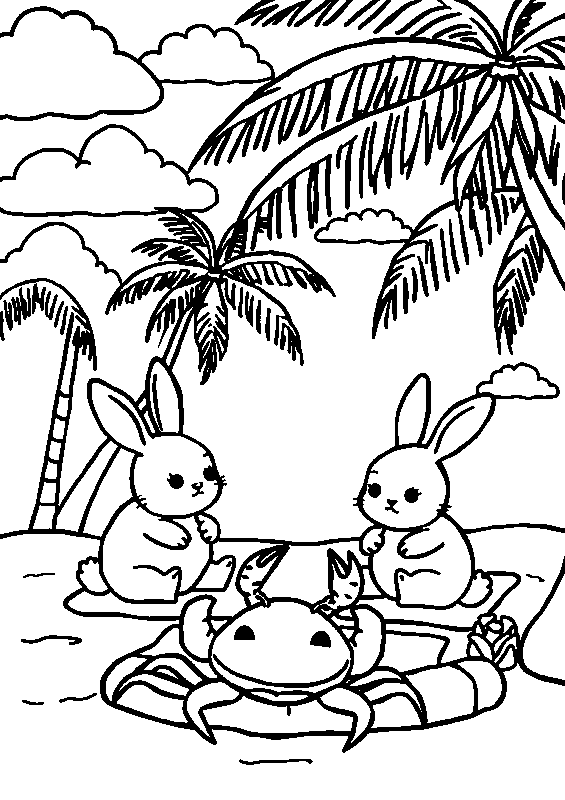 Conejitos kawaii jugando en la playa dibujo para colorear