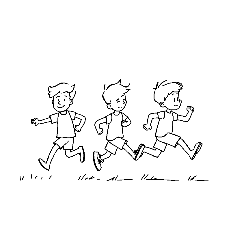 Three boys running fast coloring page