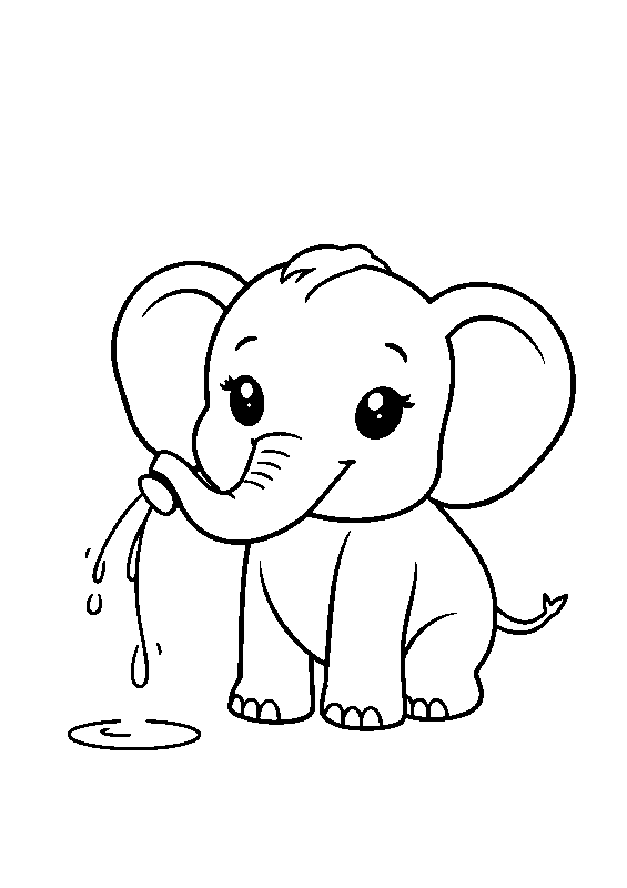 Kawaii baby elephant spraying water coloring page