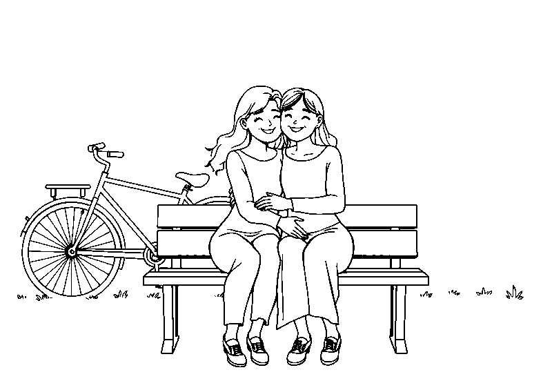 Duas mulheres abraçando no banco página para colorir