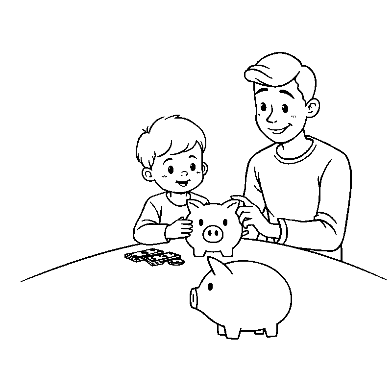 Child learning money with family coloring page