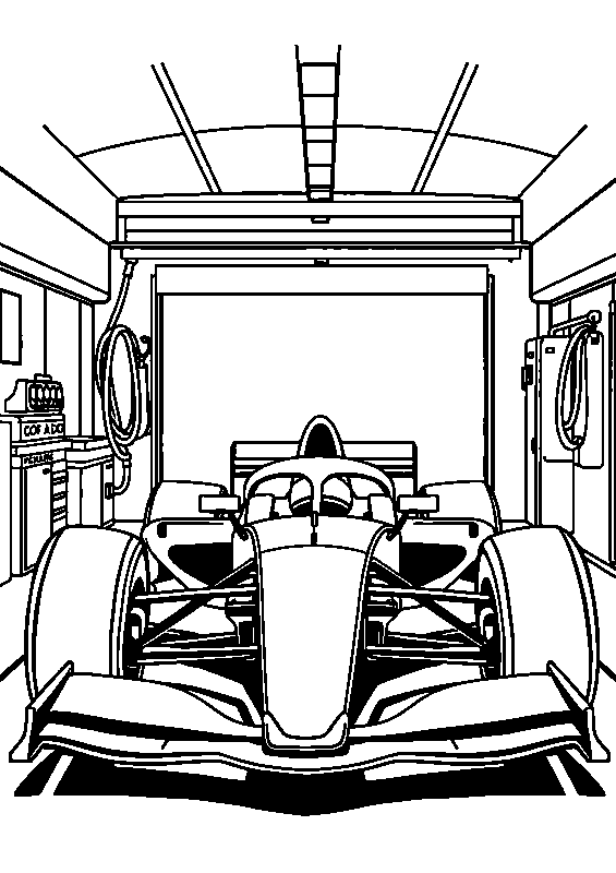 Formula 1 pit garage scene coloring page