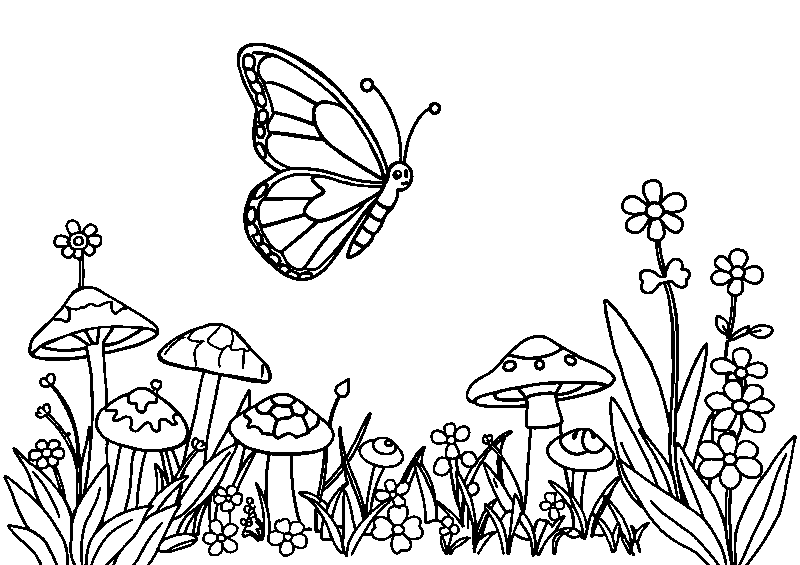 Jardim de borboletas com cogumelos página para colorir