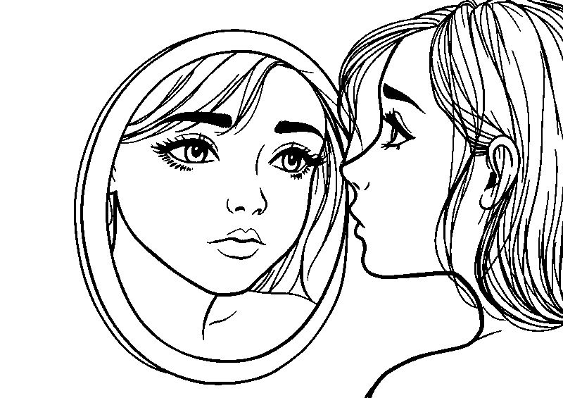 Teenage girl stares into emotional mirror coloring page