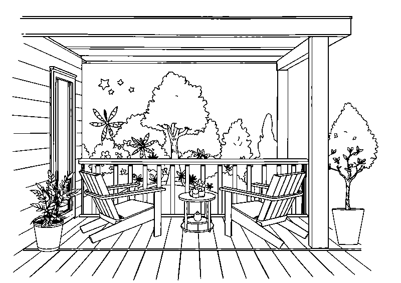 Balcón de madera con sillas dibujo para colorear