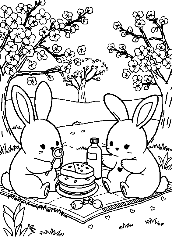 Cute bunnies picnic under sakura coloring page