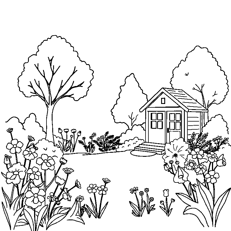 Jardín acogedor con casita dibujo para colorear