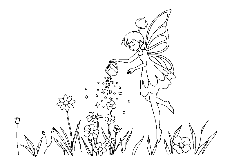 Fairy pouring sparkling water on flowers coloring page