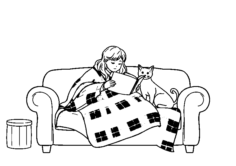 Cozy reader with pets coloring page