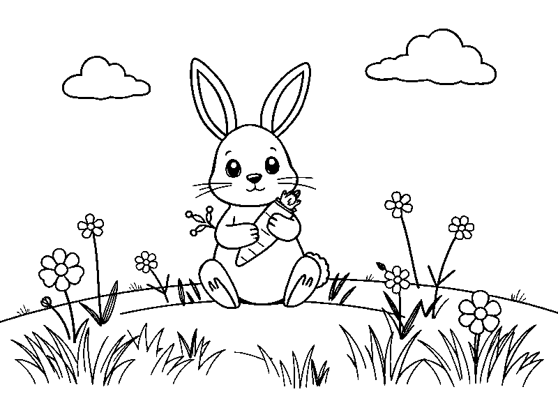 Landscape kids coloring page for preschool children, cute bunny holding a carrot in a meadow, entire bunny fully visible Malvorlage