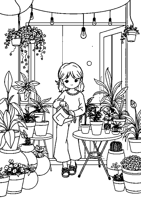 Fille arrosant ses plantes coloriage