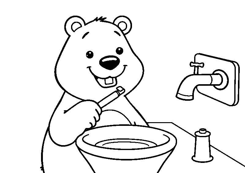 Bear brushing teeth at sink coloring page