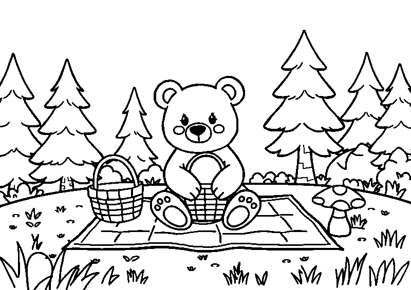 Cucciolo d'orso al picnic disegno da colorare