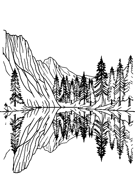 Peaceful mountain lake scene coloring page