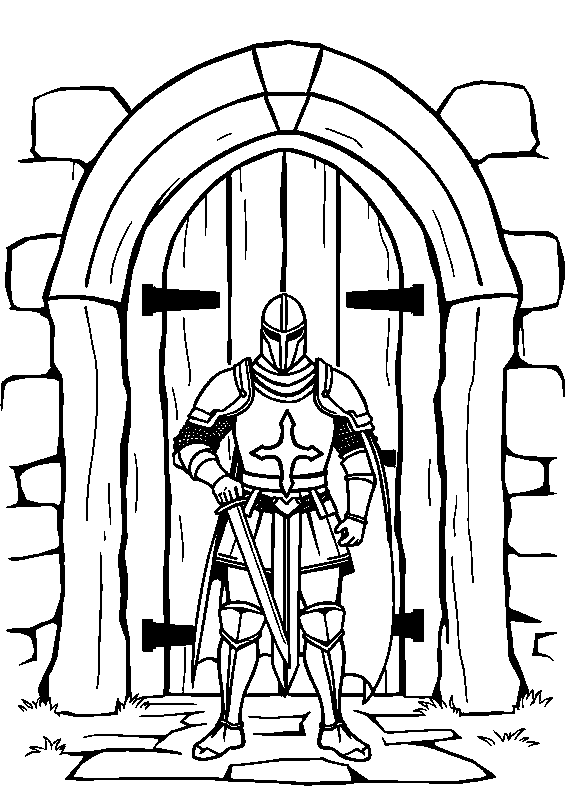 Brave knight at castle door coloring page