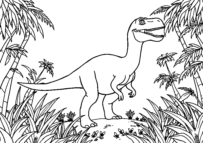 Dinosaur in the jungle coloring page