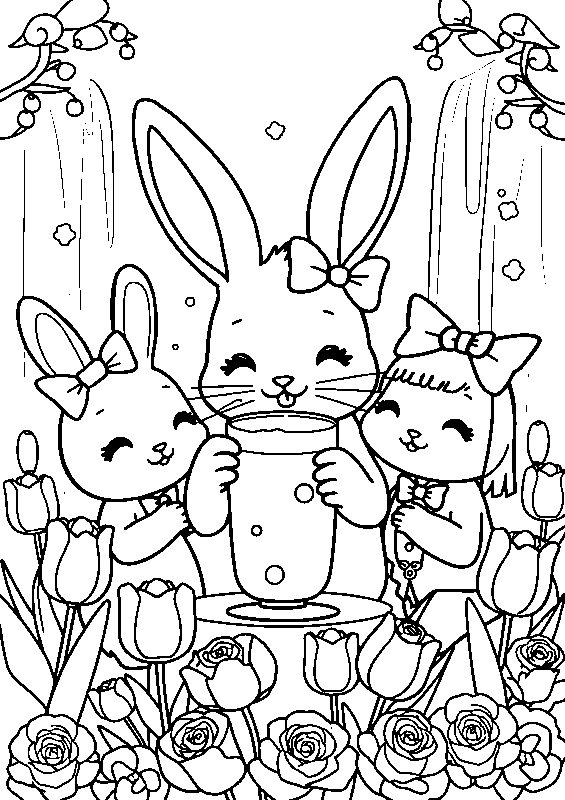 Lapin kawaii buvant du matcha coloriage