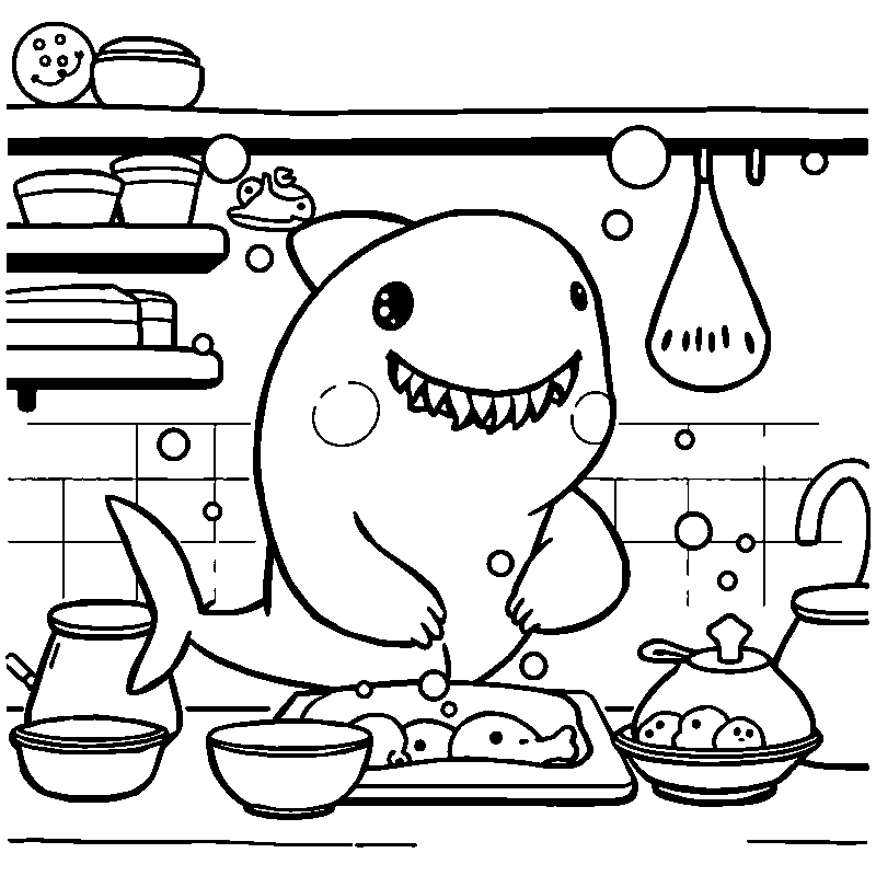 Requin bébé lavant la vaisselle coloriage